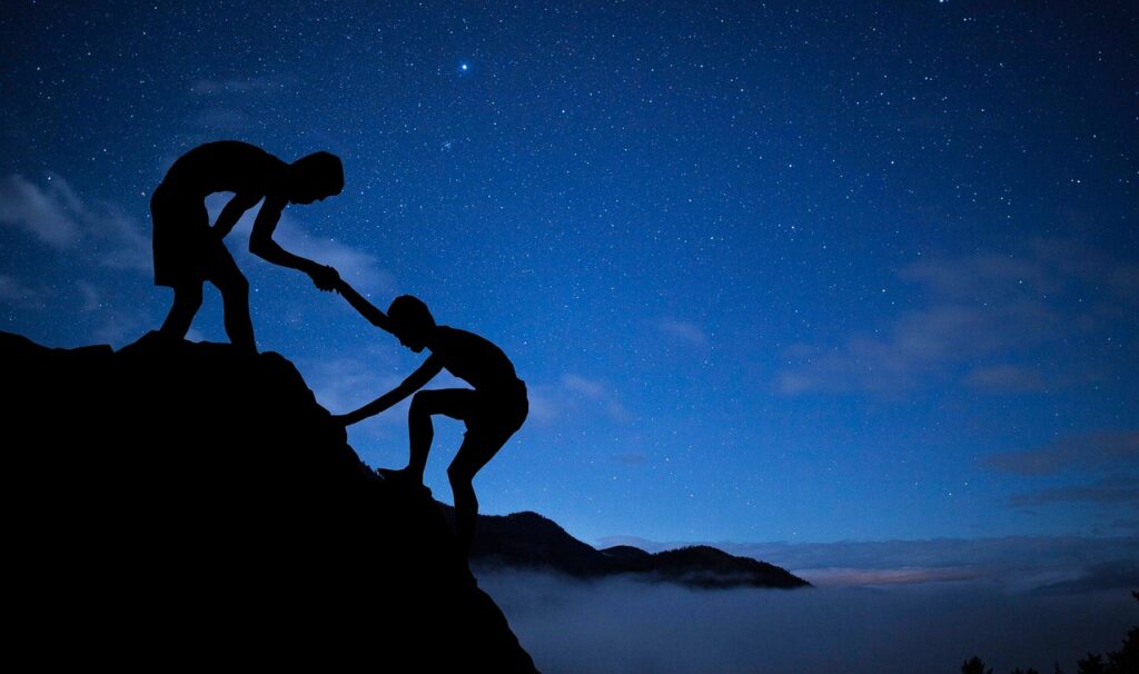 men, mentor, help, climbing, mountain, stars, hand, adventure, sky, mountain top, night sky, teamwork, people, achievement, silhouette, together, success, friendship, mentoring, partnership, people silhouettes, nature, blue sky, blue mountain, blue help, blue stars